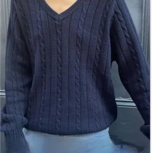 Navy Cable Knit V-Neck Sweater